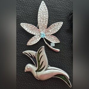 Silver Brooch Set with Leaf and Bird Motifs